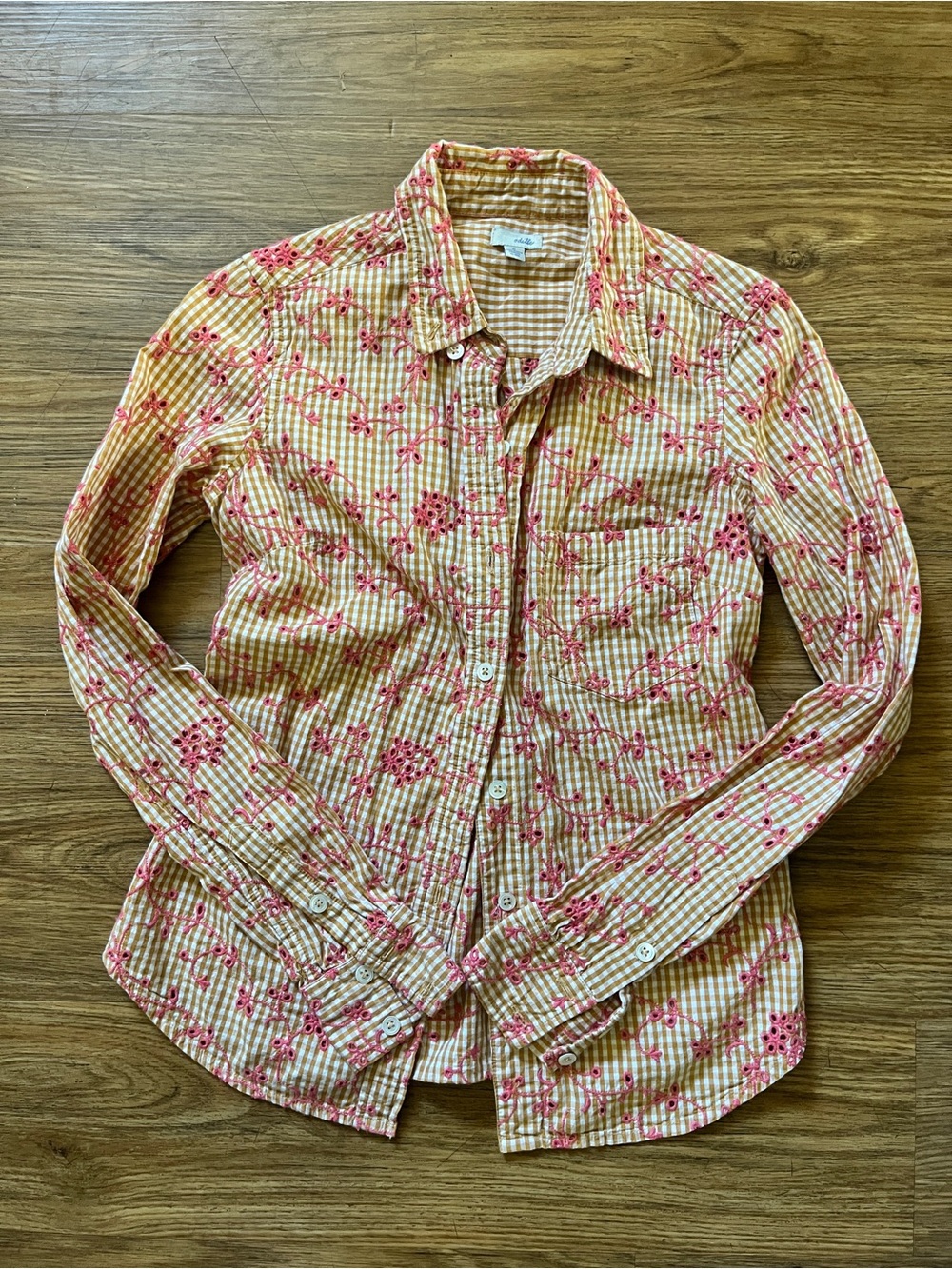 Anthropologie Odille Gingham Button Down Blouse Yellow Pink Eyelet Embroidered 0